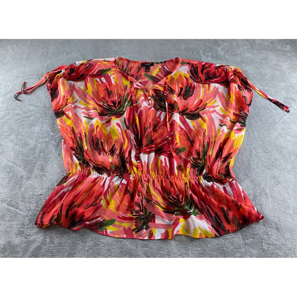 Alfani Women's Size 14 Floral Print Sheer Blouse Top V-Neck Tie Neck